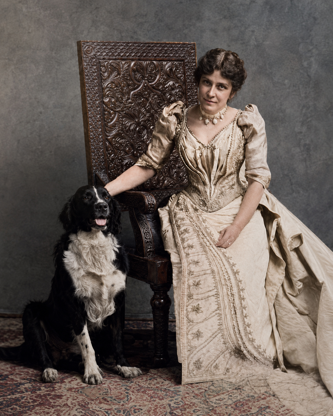 Retrato de Eunice Newton Foote sentada ao lado de seu cachorro